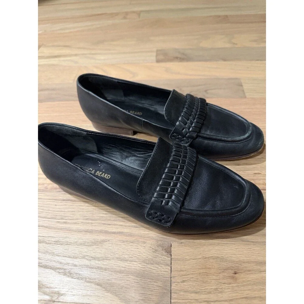 Veronica Beard Women’s Black Leather Woven Slip-On Square Toe Loafer Flats